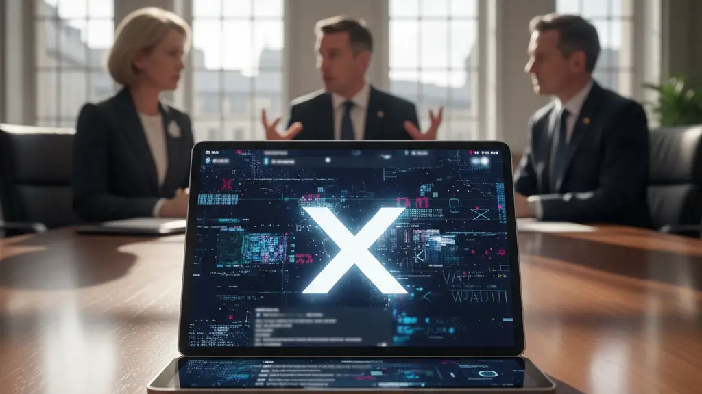 A tablet showing the X logo on a boardroom table during a government meeting.