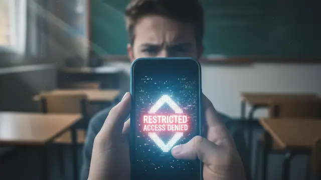 A teenager holding a smartphone in a classroom with a restricted access symbol on screen.