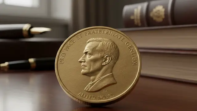 A close-up of a gold Nobel Peace Prize medal on a wooden table.