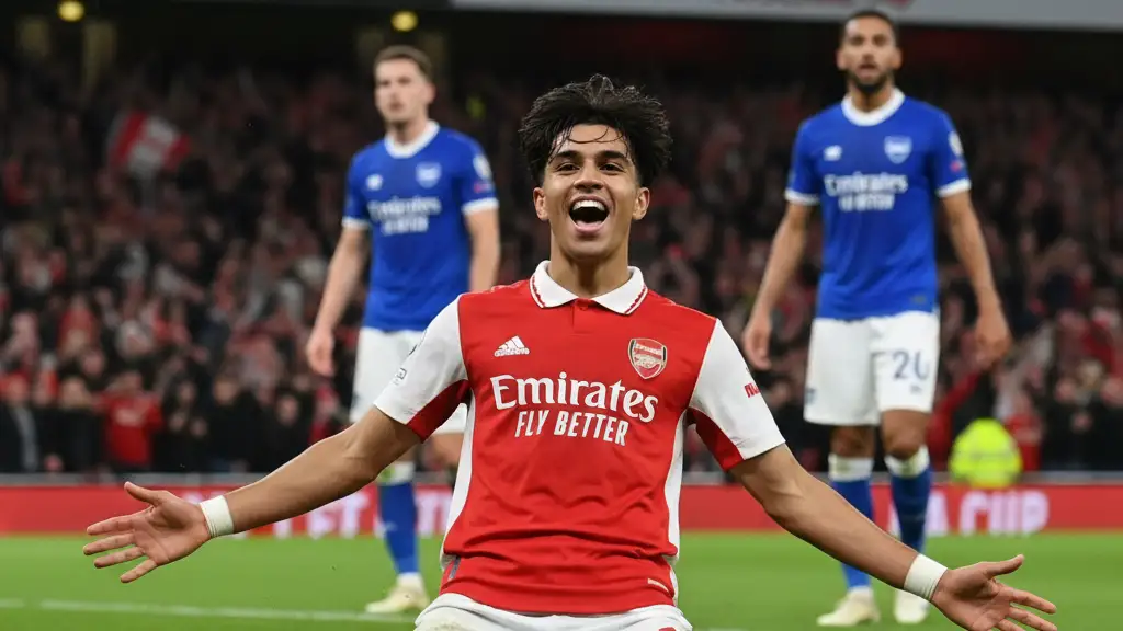 Gabriel Martinelli celebrates a goal in his Arsenal kit during an FA Cup match.