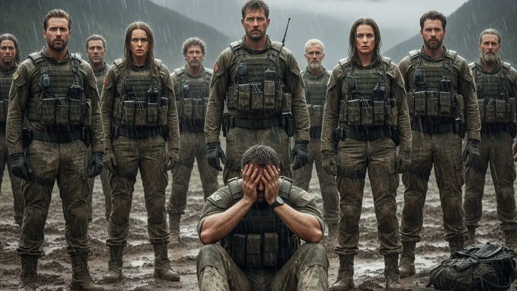 Exhausted celebrities in muddy tactical gear during a difficult outdoor challenge in the rain.