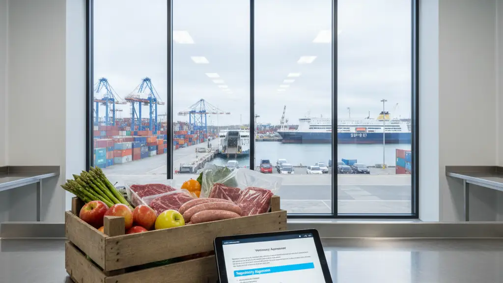 A border inspection station with fresh food crates and a veterinary agreement document on a tablet.