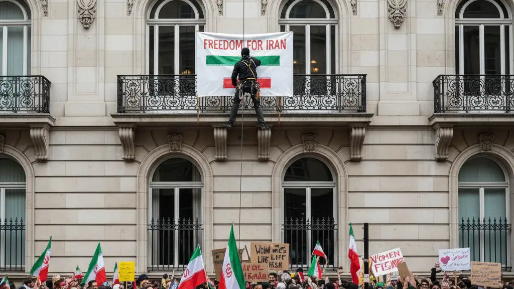 A protester climbs the exterior wall of the Iranian Embassy building in London.