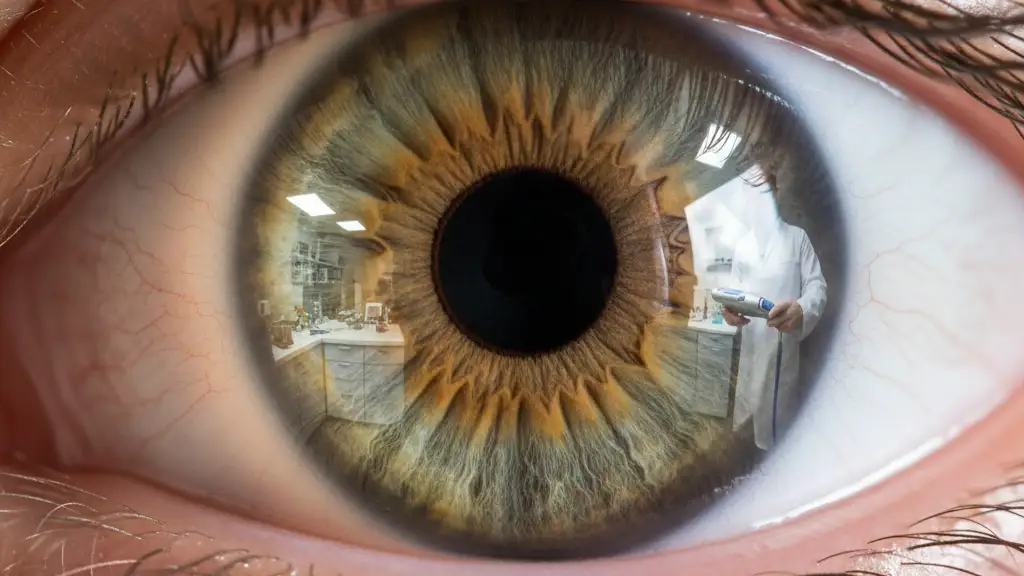 A detailed close-up of a healthy human eye reflecting a medical laboratory setting.