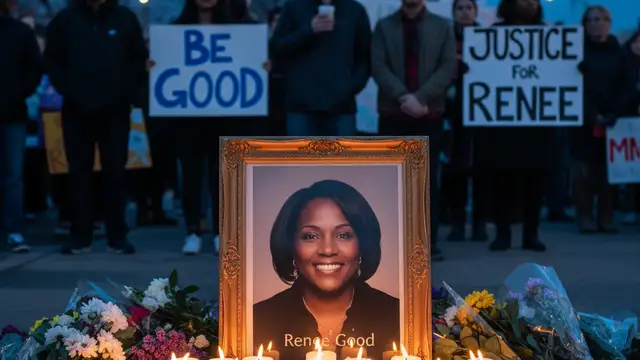 A candlelit memorial for Renee Good with protesters holding 'Be Good' signs in Minneapolis.