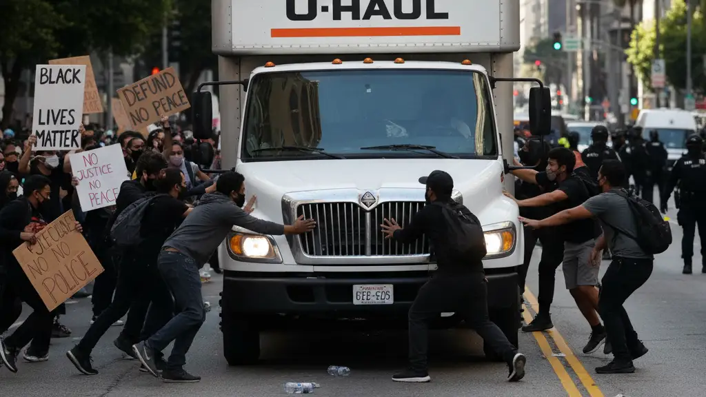 A white U-Haul truck driving through a crowd of protesters on a Los Angeles street.