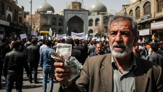 A man holding Iranian currency during a street protest in Tehran.