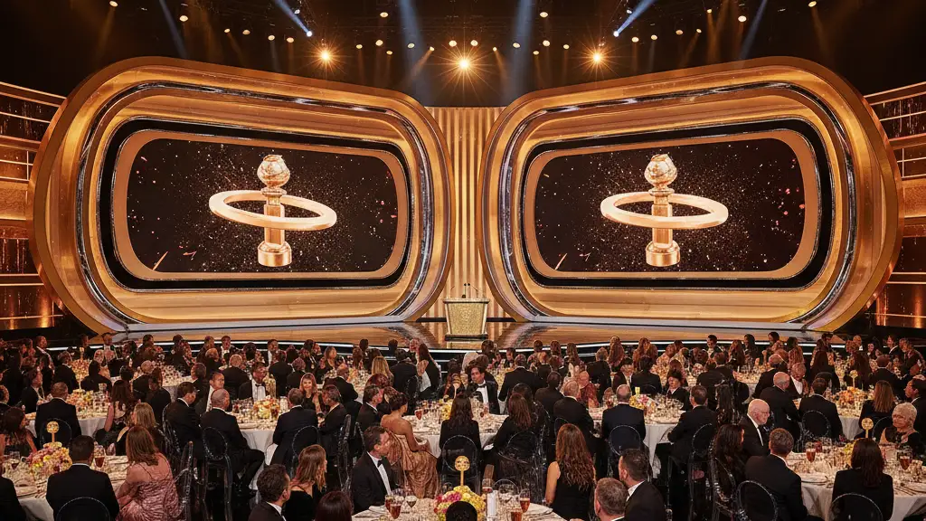 A wide view of the 2026 Golden Globes stage and celebrity audience during the ceremony.