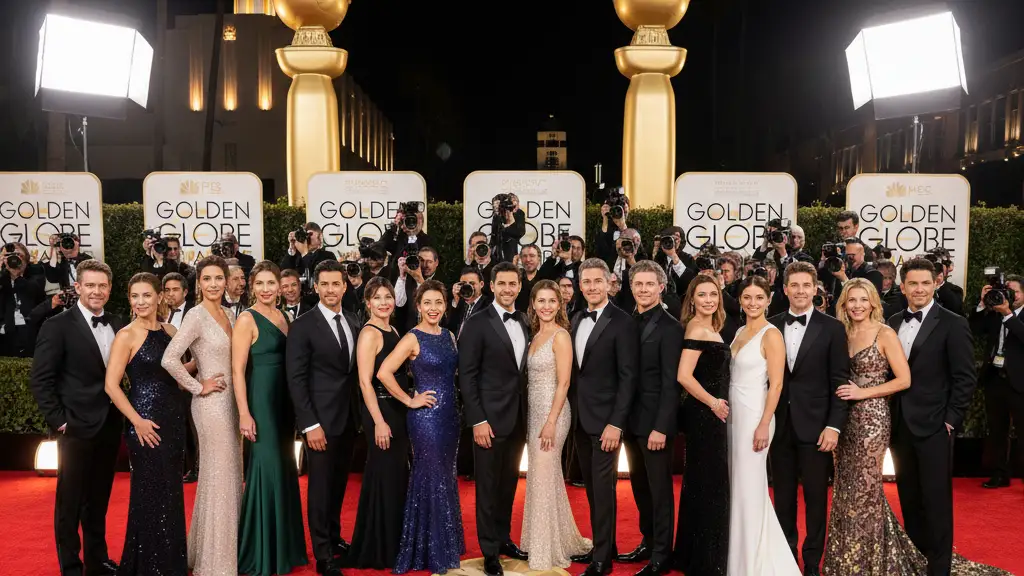 Celebrities in formal attire posing on a red carpet at the Golden Globe Awards.
