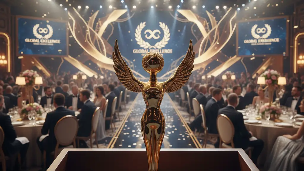 A golden award trophy on a podium in a glamorous, lit ballroom during a ceremony.