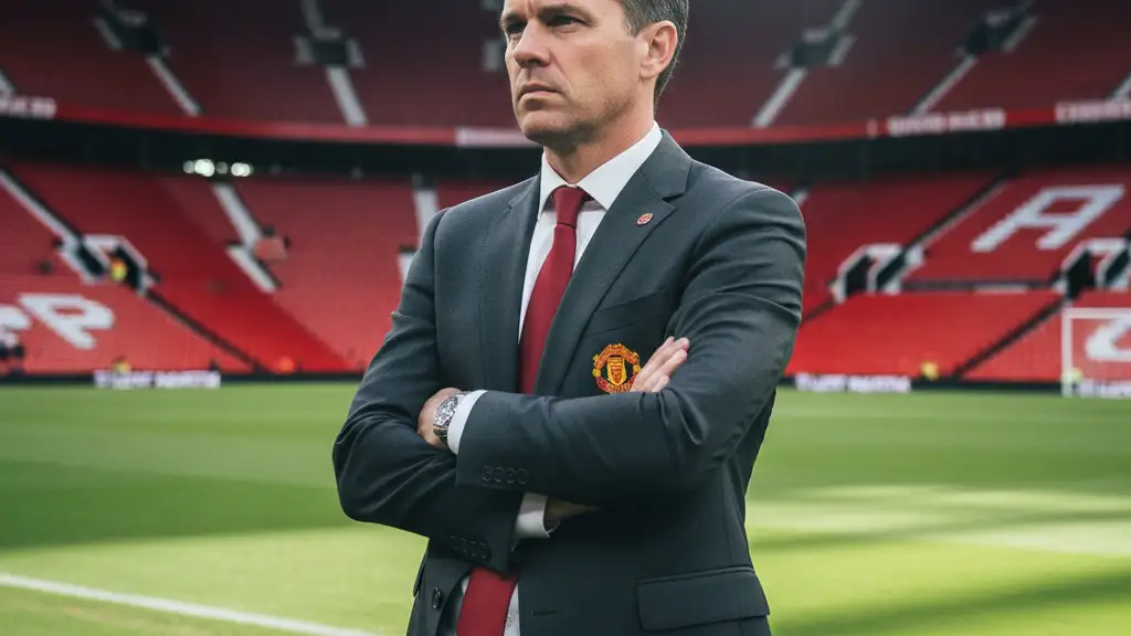 Michael Carrick in a suit standing on the Manchester United touchline at Old Trafford.
