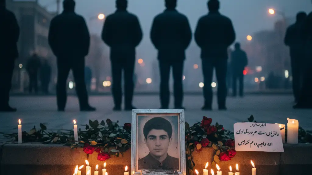 A street memorial with a student's photo, candles, and flowers during protests in Iran.