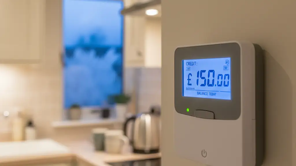 A digital smart meter screen displaying a one hundred and fifty pound credit balance.