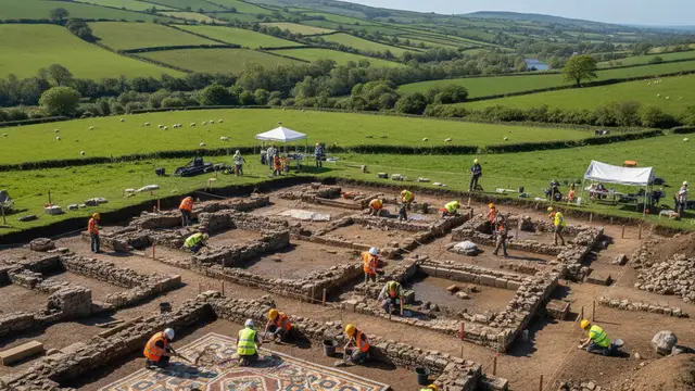 Archaeologists excavating the stone foundations and mosaic floors of a Roman villa in South Wales.