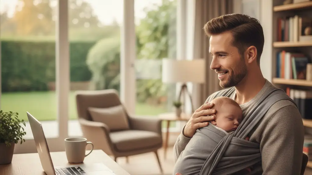A father working at a laptop while holding a sleeping baby in a carrier.