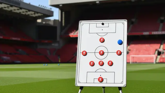 A tactical coaching board with red player markers on the Liverpool football pitch.