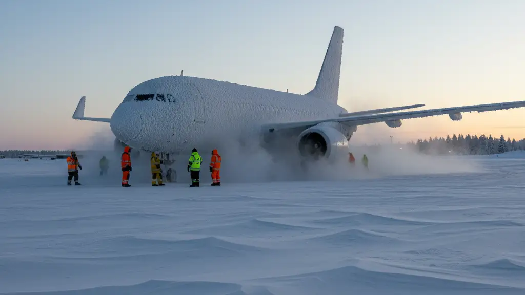 A frost-covered airplane sits on a snowy runway during an extreme winter cold snap.