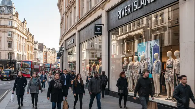 A River Island clothing store exterior on a busy city high street with shoppers passing by.