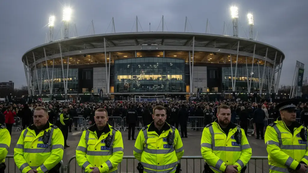 Police officers in high-visibility jackets stand before a stadium security fence at dusk.