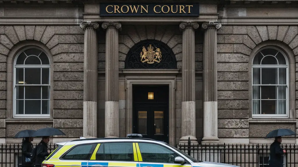 A British Crown Court building with a police vehicle parked in the foreground.