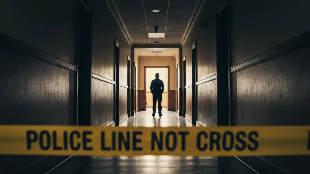 Silhouette of a person against police tape in a dark corridor.
