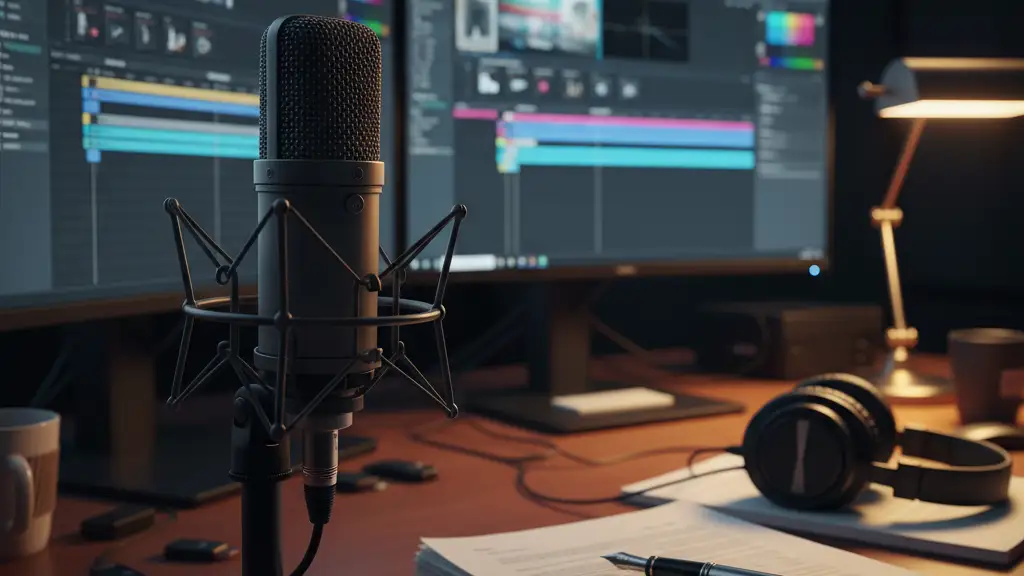 A professional video editing desk with monitors, a microphone, and legal documents.
