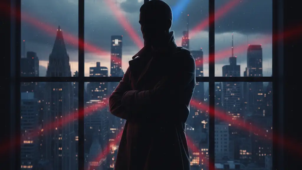 Silhouette of a person at a window overlooking a city with emergency lights.