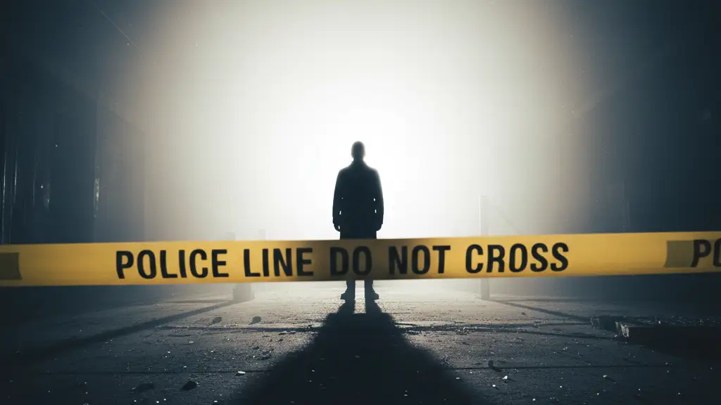 Silhouette against bright light with police tape, suggesting oppression and blocked communication.