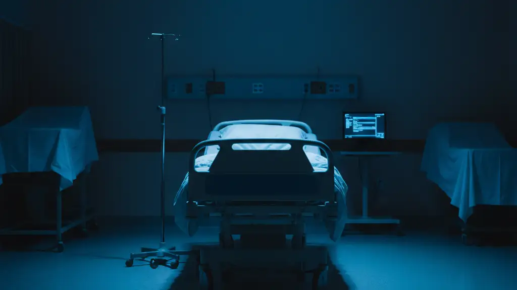 An empty hospital bed illuminated by blue emergency lights, symbolizing hope and recovery.