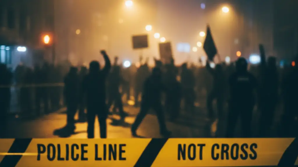 Police tape in foreground, blurred protest scene with figures and emergency lights in background.