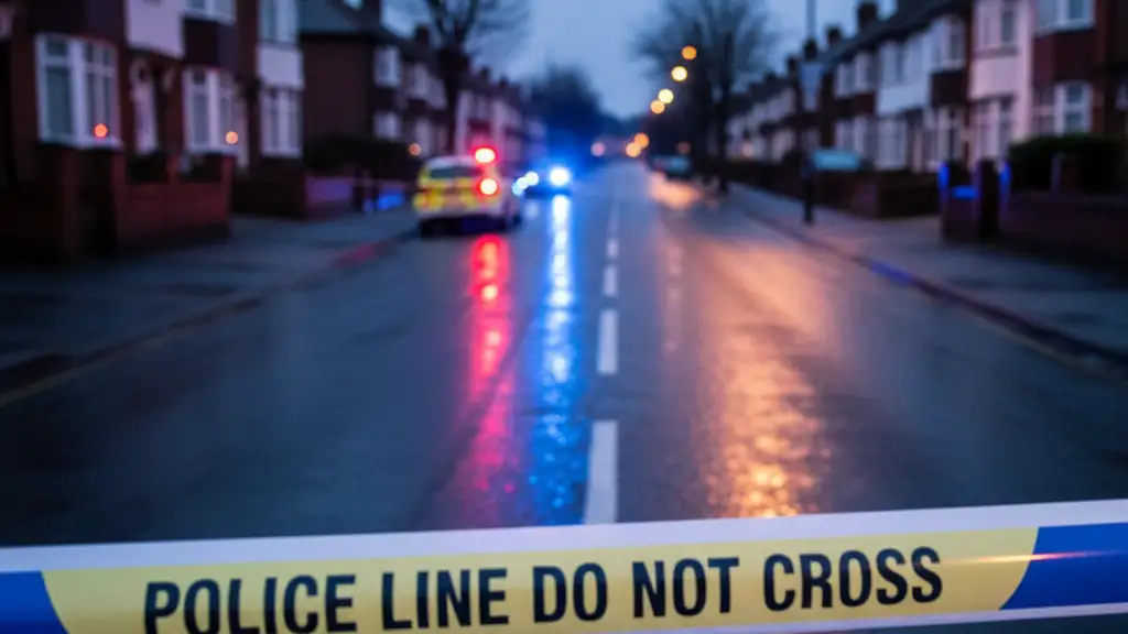 Yellow police cordon tape stretched across a suburban street with blurred emergency lights in background.