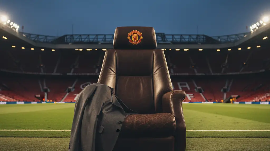 An empty leather manager's chair in a professional football stadium dugout at twilight.