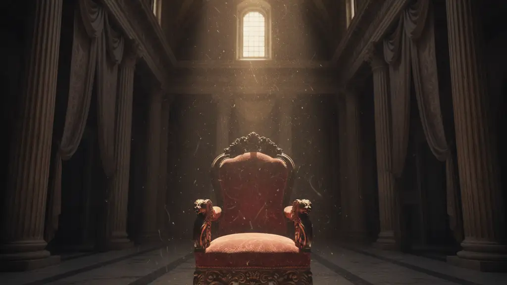 An empty, ornate armchair in a dimly lit grand hall, symbolizing absence and tension.