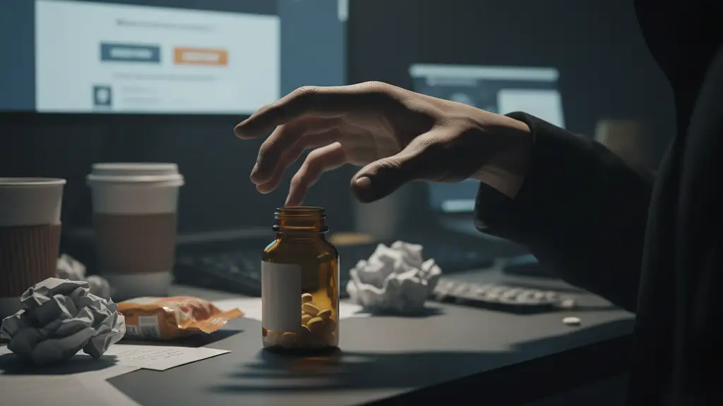 Hand reaching for unlabeled pills on a desk, computer screen glow.