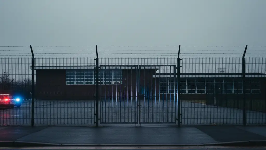 Police tape stretched across a school gate with emergency lights reflecting on the ground.