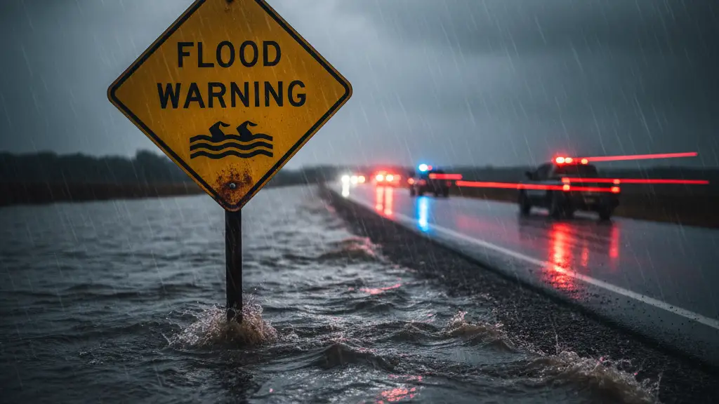 Submerged flood warning sign with blurred emergency lights in the background.