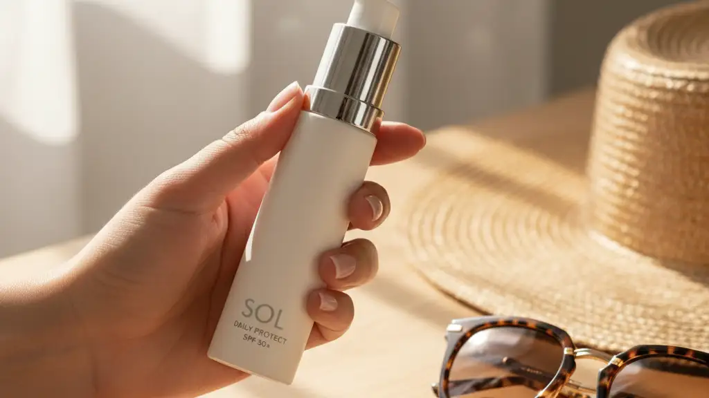 A hand holding a sunscreen bottle on a sunlit table next to a straw hat.