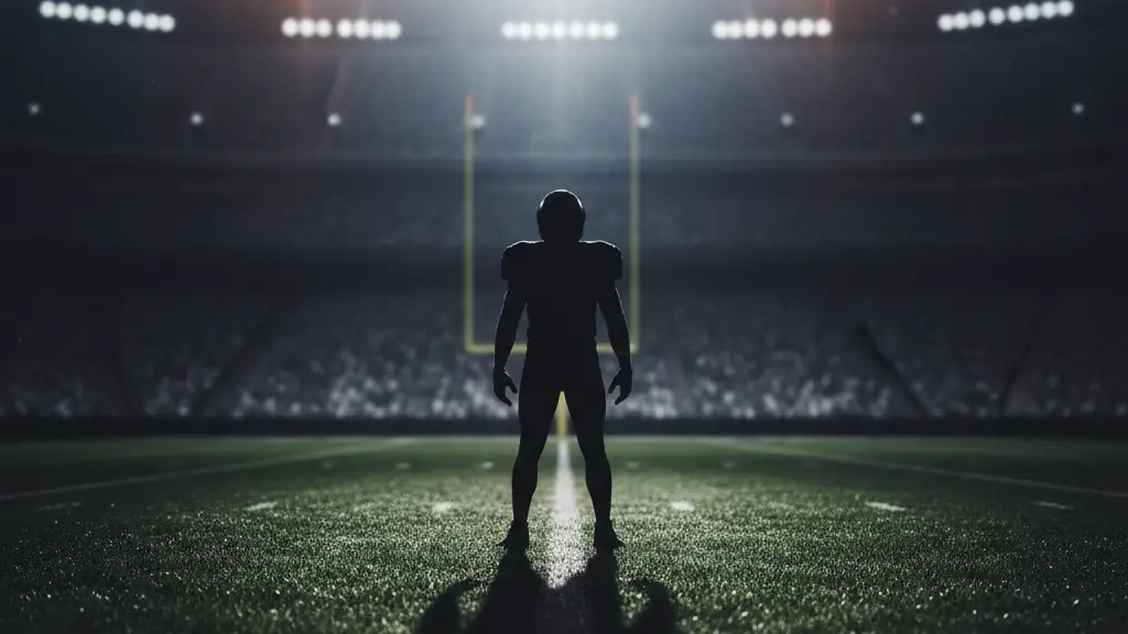 Silhouette of a football player on a dark, empty stadium pitch.