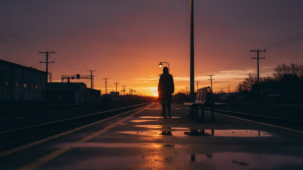 Silhouette of a person on a deserted train platform with a discarded newspaper.