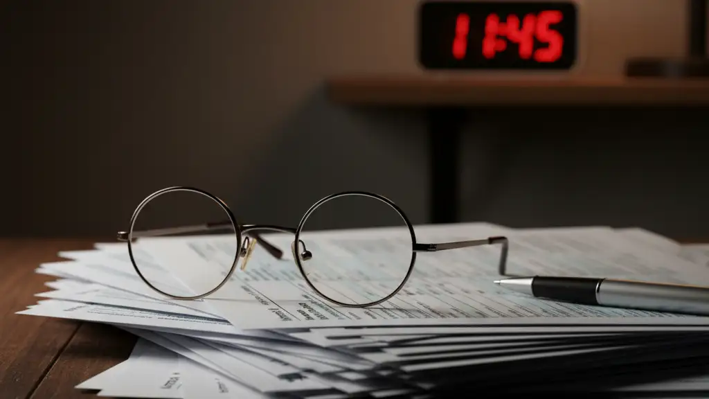 Reading glasses and a pen resting on a stack of tax forms under soft light.