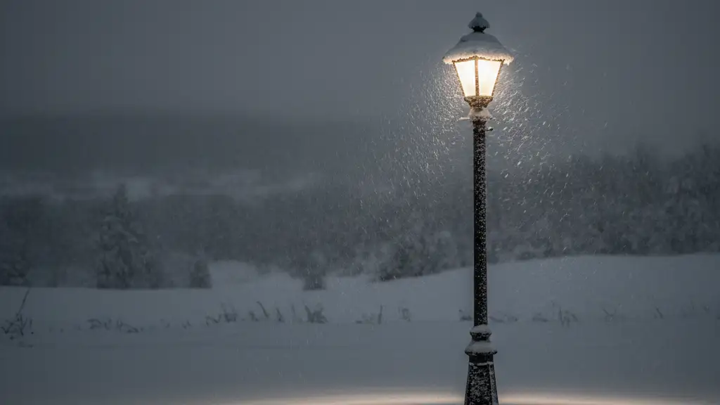 Snow-covered lamppost in heavy snowfall at dusk, casting isolated light and shadows.