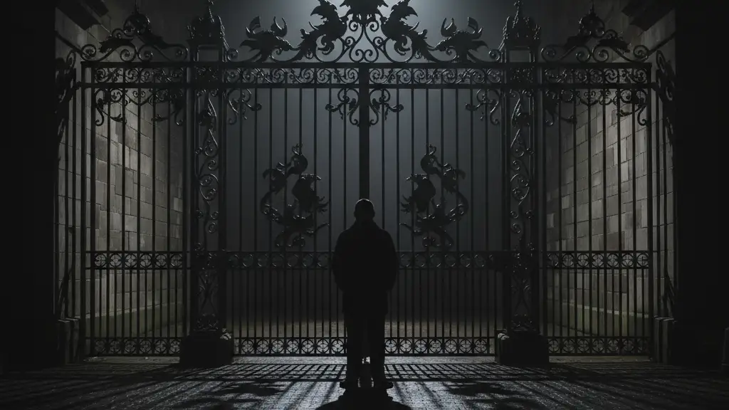 Silhouette of a person near a gate with police tape.