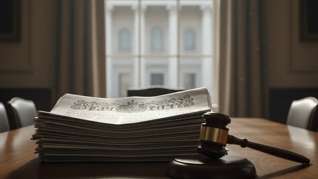 A stack of newspapers and a wooden gavel on a boardroom table near a window.