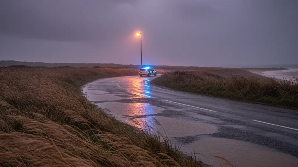 Emergency lights reflect on a rain-soaked road during a heavy storm at night.