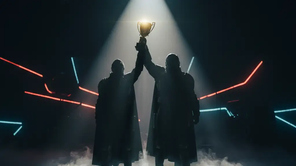 Two silhouetted figures holding a trophy on a dark, spotlighted stage.