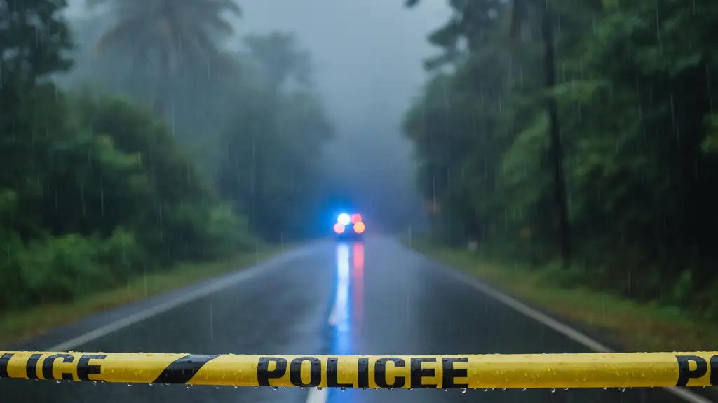 Yellow police tape across a wet road with blurred emergency lights in the rainy distance.