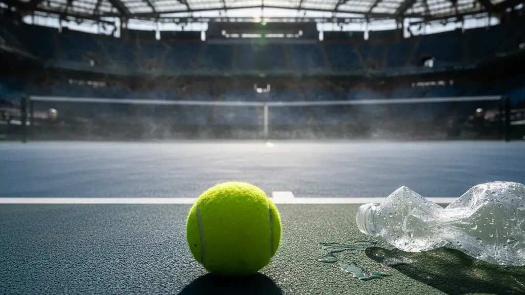 A tennis ball on a blue court with heat haze and a closing stadium roof.