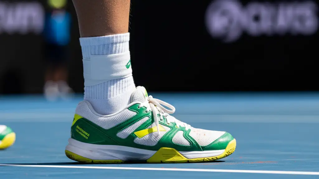 Close-up of a tennis player's bandaged ankle on a blue hardcourt during a match.
