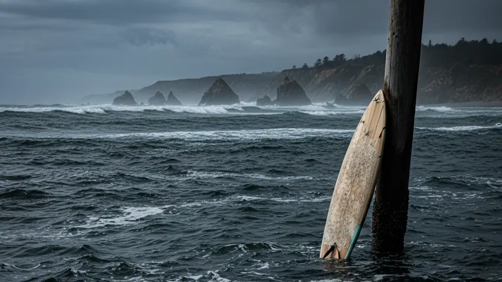 A surfboard leans against a pier piling in dark, choppy water.